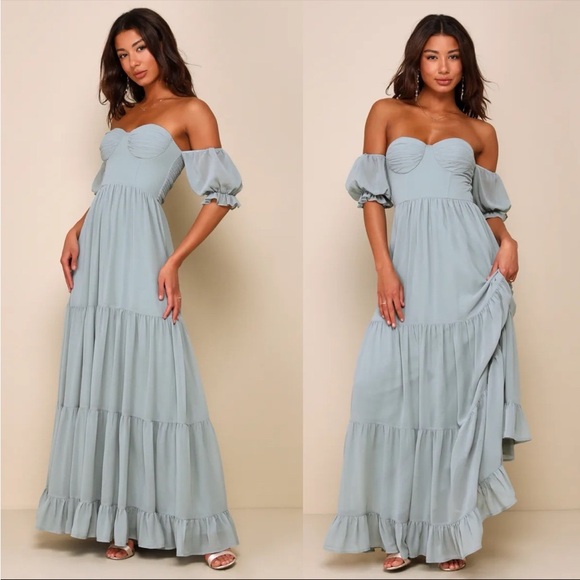 Sage Chiffon Bustier Off-the-Shoulder Ruffle Maxi Dress 🌿 - Picture 6 of 12